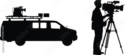 Vector silhouette illustration of broadcast van and cameraman filming with tripod for media coverage, video production, and journalism concept design