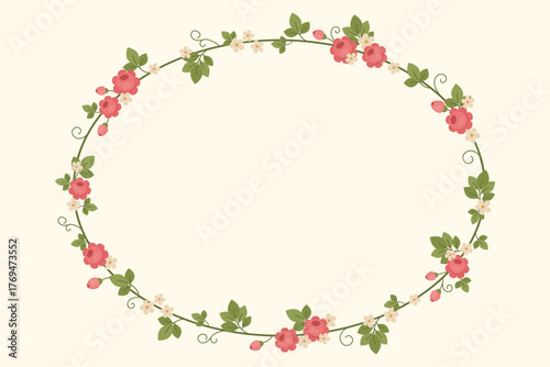 Delicate floral oval wreath with pink blossoms and green leaves — elegant botanical frame illustration for spring design and wedding decor