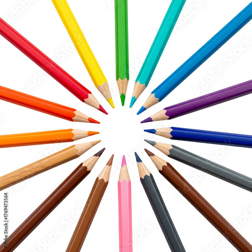 Radial Arrangement of Colored Pencils Forming a Circular Pattern