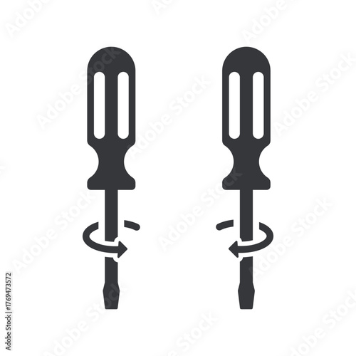Isolated pictogram bundle of clockwise and counterclockwise rotating screwdriver icons, ideal for engineering, mechanical service, and repair-related visual projects.
