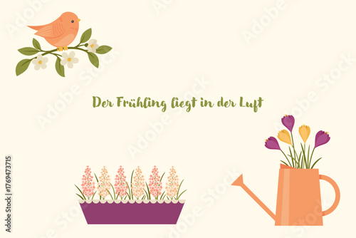 Cute spring bird and flowers illustration with watering can and blooming plants — cheerful artwork with phrase meaning spring is in the air