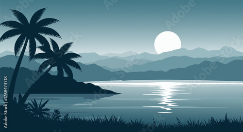 Tropical Island Landscape at Night with Palm Trees and a Shining Moon Illustration