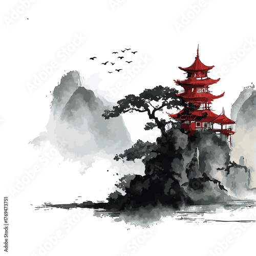Watercolor and ink illustration of chinese landscape with pagoda and mountains. Traditional asian architecture. Oriental traditional painting.