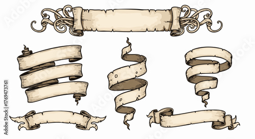 Collection of vintage parchment banners and ribbons for medieval design elements
