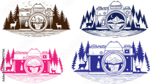 Camera lens surrounded by pine trees in multiple color variations on black background
