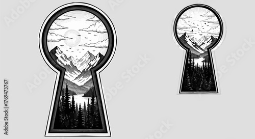Keyhole view of a mountain landscape with trees and sky in a monochrome design
