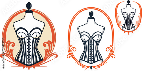 Three vintage corset designs displayed in decorative frames on a black background