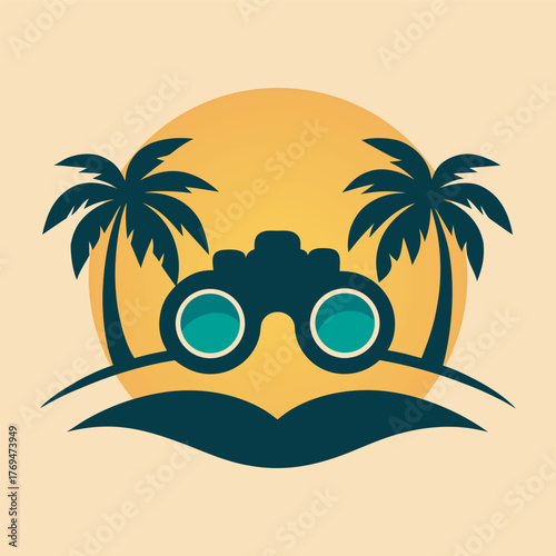 Retro Binoculars On Tropical Palm Beach Silhouette