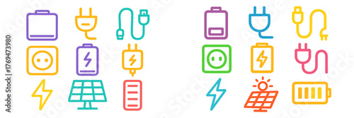 Colorful icons representing energy sources and electrical components in a playful design on a white background