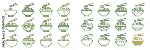Different styles of noodle bowls arranged in a creative pattern showcasing various designs and toppings for culinary inspiration