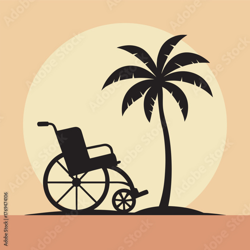 Vintage Wheelchair Under Palm Beach Silhouette Artwork