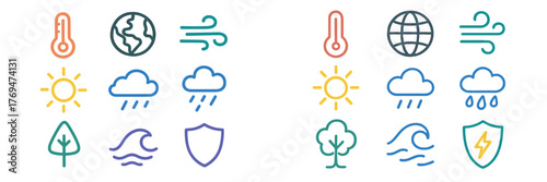Weather symbols and icons represent temperature, climate, and nature with bright colors and simple designs