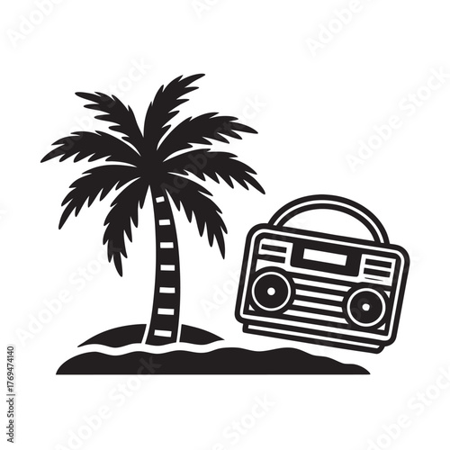 Retro Radio On Palm Beach Silhouette Vector Artwork