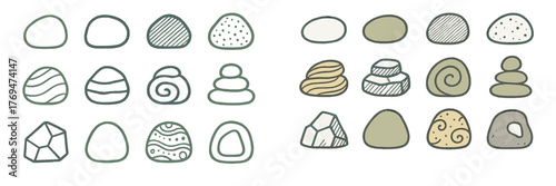 Different shapes and patterns of decorative stones arranged in a creative layout for artistic inspiration