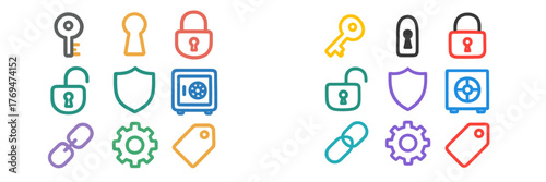 Colorful icons of security features arranged in a grid pattern suitable for digital design projects or educational materials