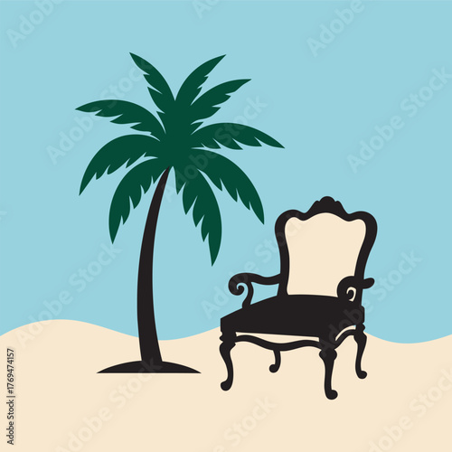 Vintage Chair Under Palm Tree On Beach Silhouette Artwork