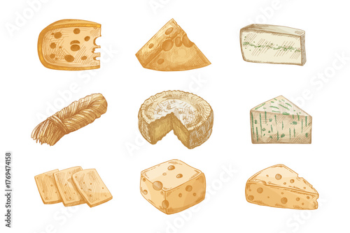 Hand drawn vintage sketch set of assorted cheese types including wedge, wheel, string, blue and sliced pieces in color and monochrome versions, detailed dairy food illustration, isolated vector design