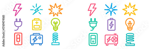 Colorful icons representing electricity and energy, featuring various symbols like light bulbs, plugs, and batteries in a playful arrangement