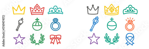Colorful collection of crowns, rings, and decorative symbols for creative design projects and celebrations