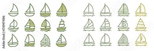 Collection of various sailboat designs featuring different shapes, patterns, and colors arranged in a visually appealing layout