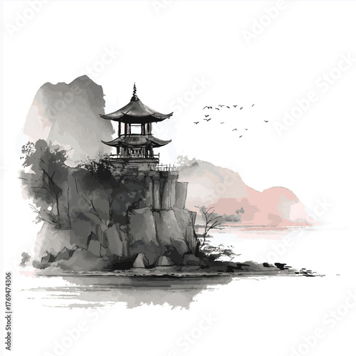 Watercolor and ink illustration of chinese landscape with pagoda and mountains. Traditional asian architecture. Oriental traditional painting.