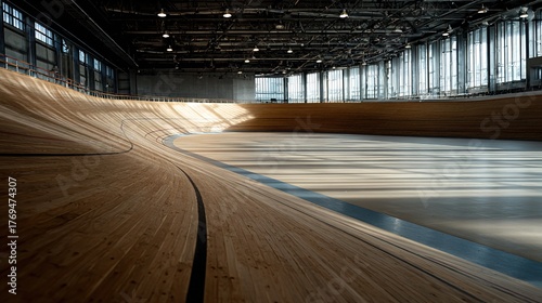 velodrome. Vast empty indoor velodrome with wooden track receding into the distance. event key visuals, club posters, designed for sports event promotions and stadium branding.