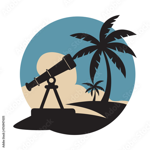 Antique Telescope Facing Palm Beach Silhouette