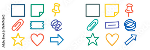 Colorful collection of hand-drawn shapes and icons showcasing stationery items and symbols