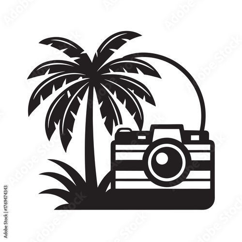 Retro Camera On Peaceful Palm Beach Silhouette