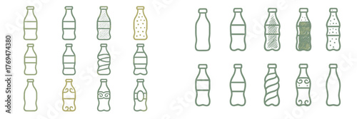 Collection of various bottle designs showcasing different shapes and styles in a simple layout on a light background