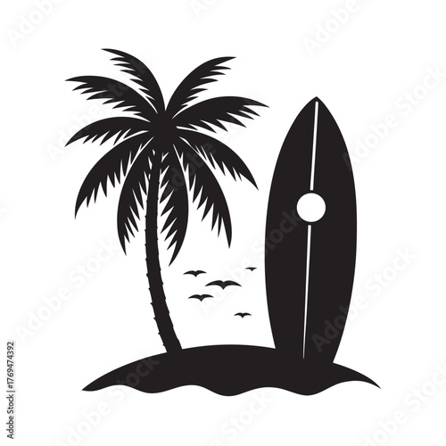 Antique Surfboard By Palm Tree Beach Silhouette