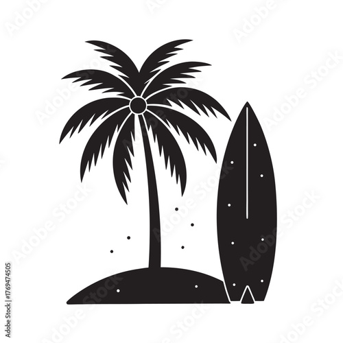 Antique Surfboard Beside Palm Tree Silhouette