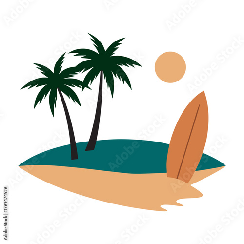 Vintage Surfboard Lying On Palm Beach Silhouette Illustration