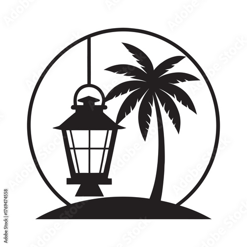 Antique Lantern On Tropical Palm Beach Silhouette