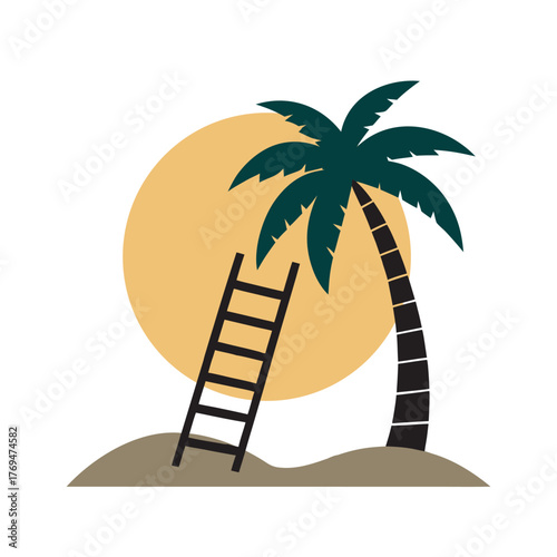 Old Wooden Ladder Leaning On Palm Beach Silhouette