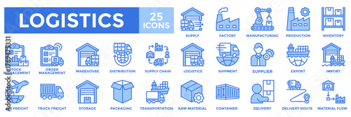 Logistics icon collection set. Containing supply, factory, manufacturing, production, inventory, stock management, order management, warehouse icon. Simple blue vector illustration.