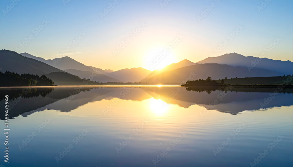Fototapeta premium Sunrise tranquil water surface reflecting distant mountains, soft haze and gentle sunlight create peaceful, serene landscape with clear sky and calm atmosphere