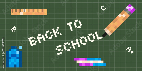Education. Back to School. Vector illustration of trendy Pixel art School object on the checkered School board background. EPS 10