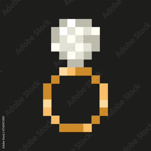 Pixel vector golden ring isolated black background. Vector illustration trendy Pixel art gold ring with big diamond template design. Modern t-shirt print jewelry shop logo wall decor. EPS 10
