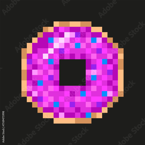 Pixel vector donut isolated black background. Vector illustration Pixel art doughnut template design. Modern t-shirt print street food cafe logo wall decor. EPS 10