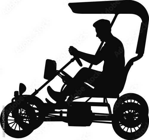 Vector silhouette illustration of person pedaling canopy tricycle or go-kart for human-powered transport, outdoor recreation, and experimental vehicle concept design
