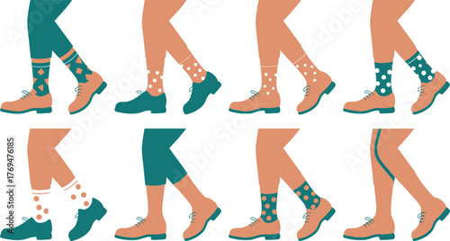 Pattern of Walking Legs with Socks and Shoes in Teal and Brown Hues