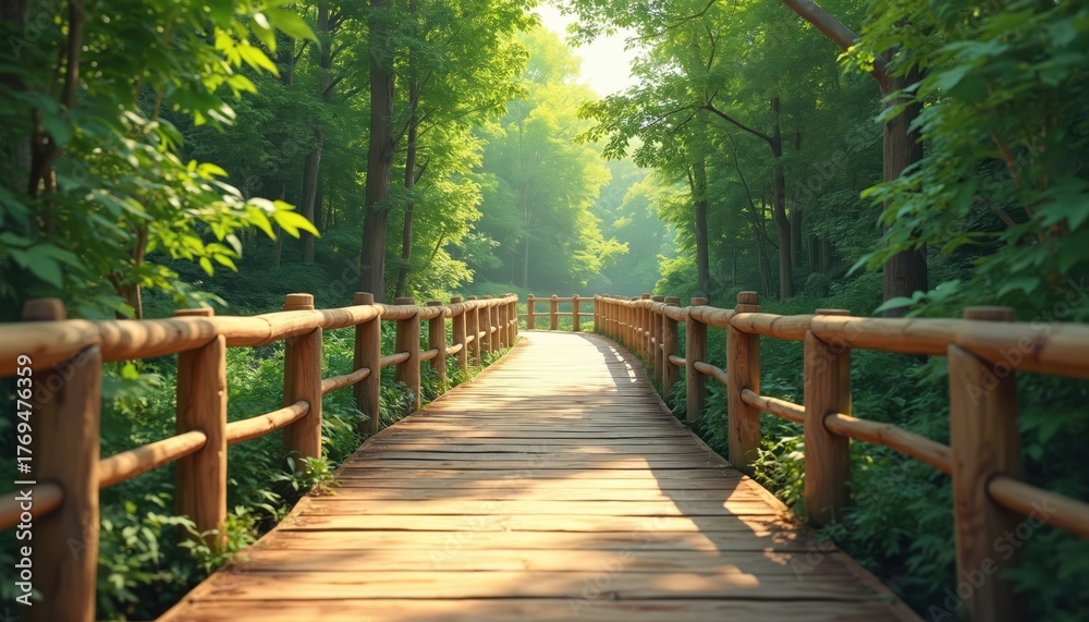 Obraz premium Wooden bridge with railings leads through a sunlit green forest. Lush trees and foliage line the pathway. This tranquil scene offers a sense of journey and natural beauty.