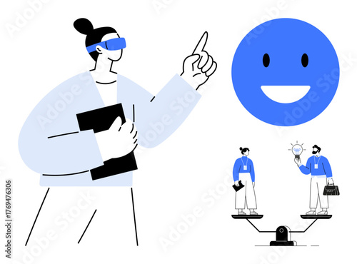Professional pointing upward, happy face icon, two individuals balanced on scales sharing ideas. Ideal for teamwork, leadership, innovation, equality, workplace dynamics, creativity simple flat