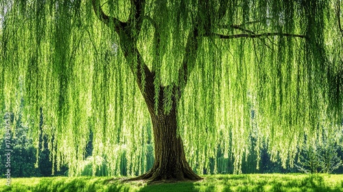 canonization. A weeping willow tree with drooping branches in muted green tones. gardening catalogs, home-decor guides, designed for gardening and botanical catalogs, used by logistics managers.
