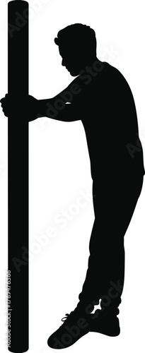 Vector silhouette illustration of person holding vertical pole in leaning posture for fitness activity, balance concept, and physical therapy design reference