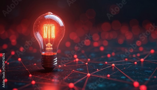 Glowing light bulb with filament and digital network of red dots and lines. Abstract background symbolizes innovation, connection, and creative ideas. Futuristic concept.