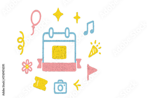 Fun celebration calendar filled with colorful party icons like balloons, stars, and musical notes for event planning