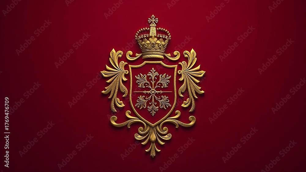 Naklejka premium privilege. An intricate gold-embossed heraldic crest on a deep crimson background. event programs, museum guides, designed for cultural heritage projects and event programs.