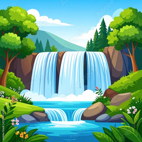 Cartoon Illustration of a Beautiful Waterfall in a Lush Forest Landscape